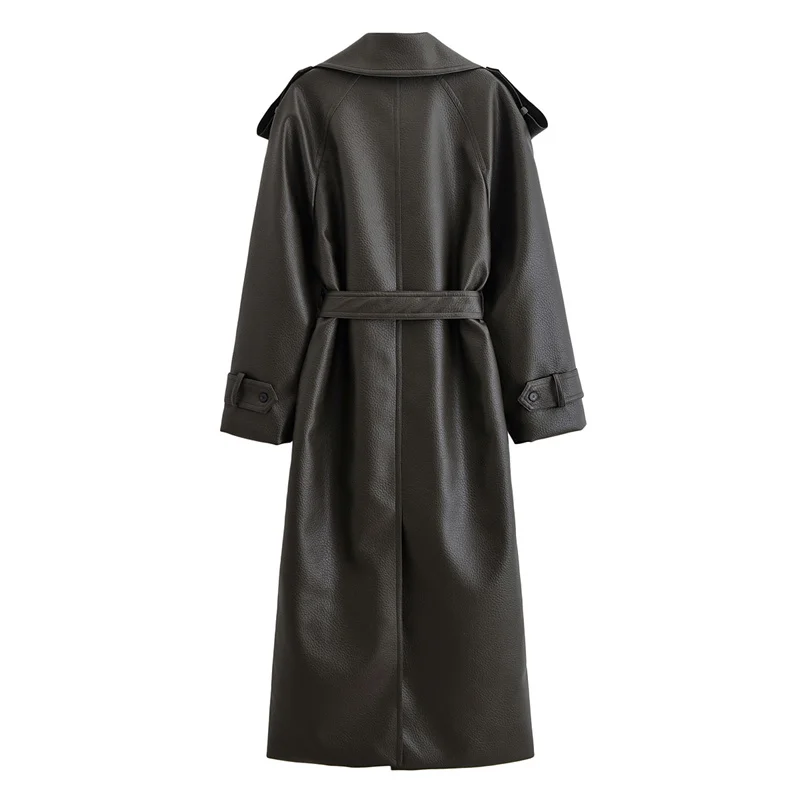Damen-Trenchcoat 2025, Herbst/Winter, neuer Stil, dunkelbraun, langärmelig, Kunst-Litschi-Leder mit Gürtel, lange Trenchcoat-Jacke