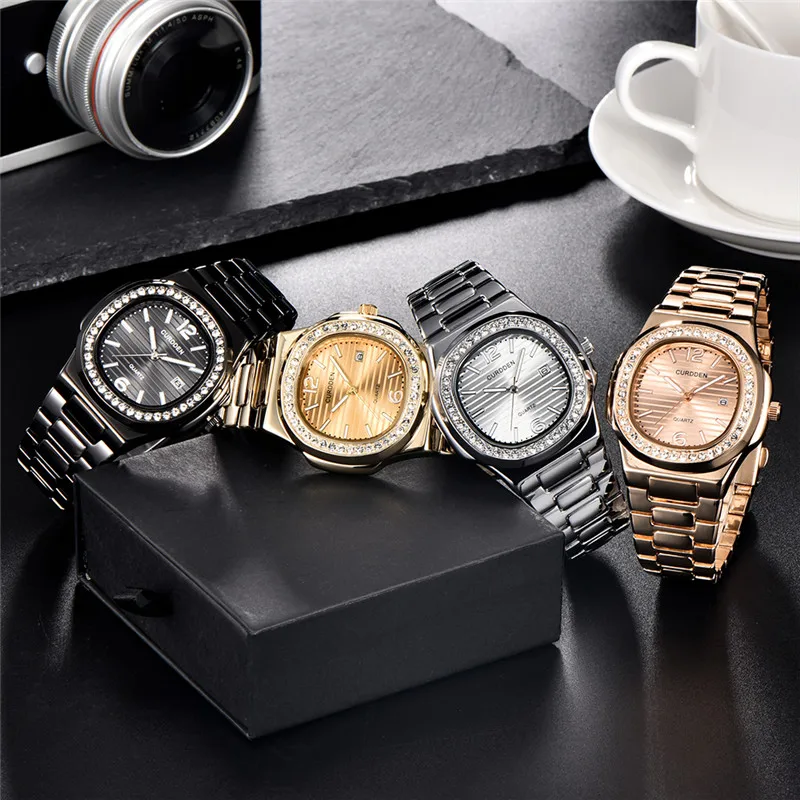 Men Original CURDDEN 1520 Brand Watches Fashion Alloy Band Diamond Golden Date Business Quartz Watch Montres de Marque de Luxe