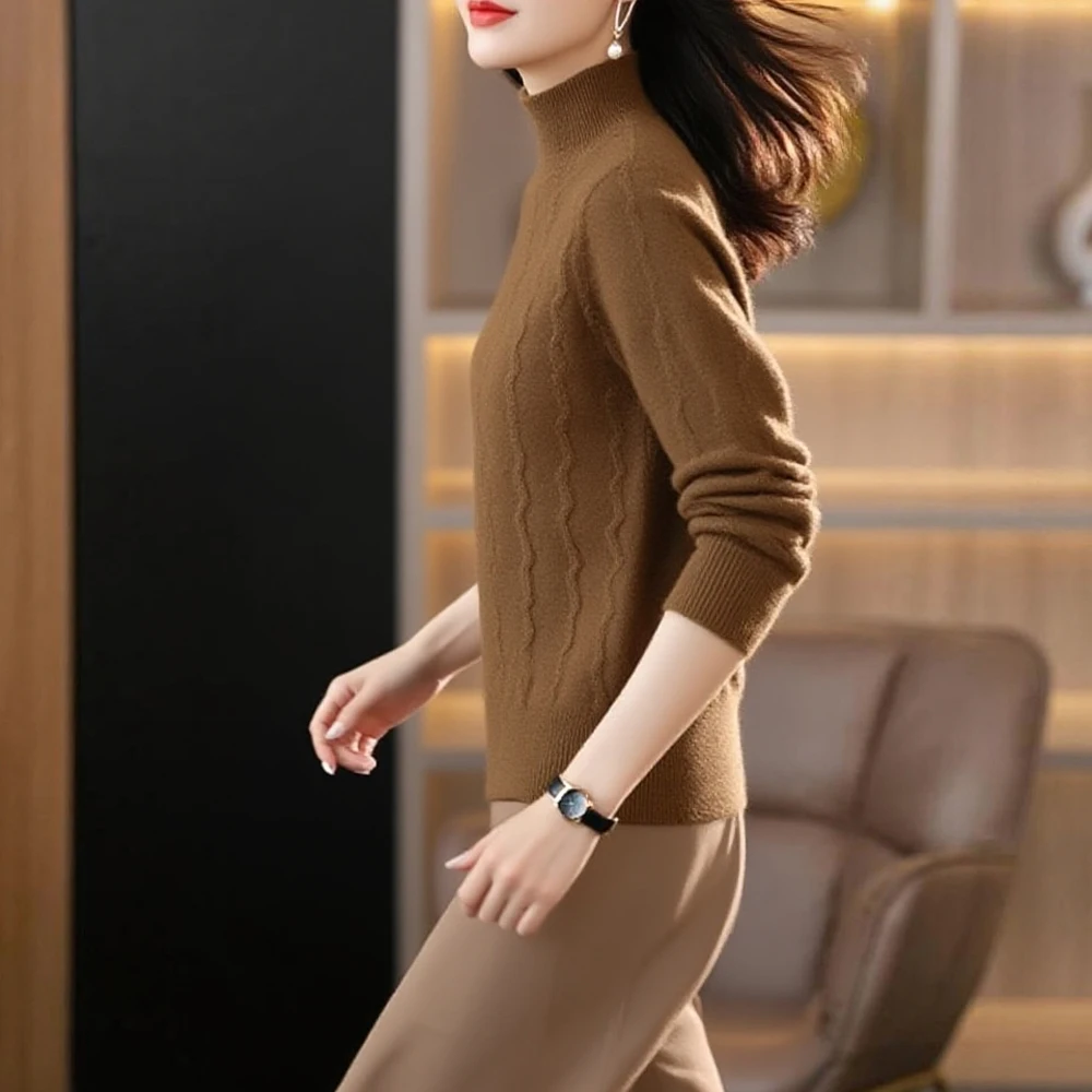 

Half High Collar Shirt Pullover Women Clothing M-2XL Wavy Pattern Thick Warm Sweater Black Coffee Red Green Elastic Knit Top