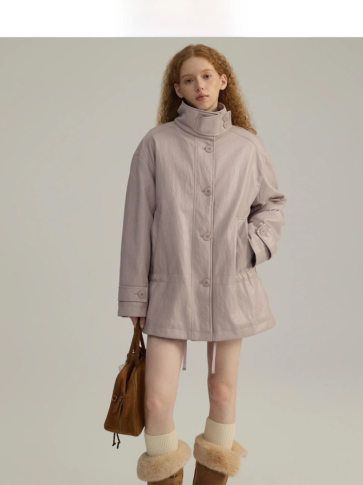 

Purple PU Leather Duck down Jacket Women's Stand Collar Waist Cinched Coat Casual Style 90% White Duck Feather Windbreaker