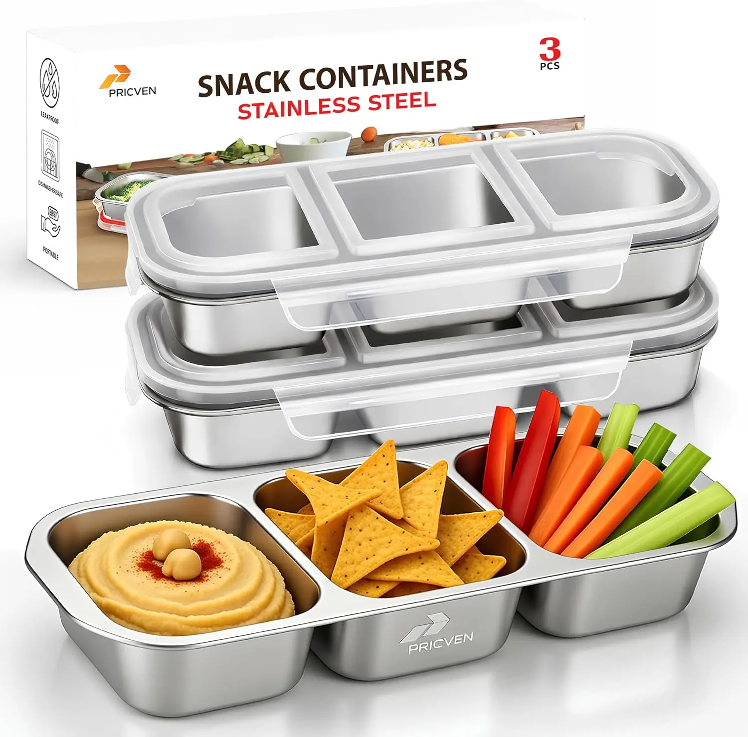 3 PACK Stainless Steel Snack Containers With Lids – 3 Compartment Grab And GO Snack Box Container Reusable – 2026 Upgraded Bento