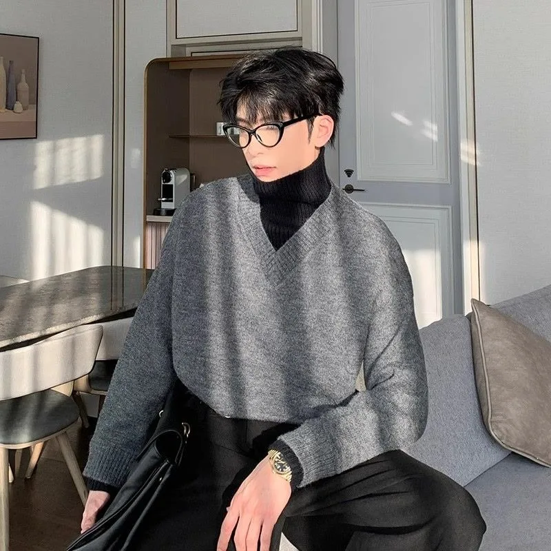 وهمية قطعتين كسول نمط المتناقضة الياقة المدورة سترة الرجال الخريف والشتاء الكورية نمط قاع قميص قمة الموضة غير رسمية #2