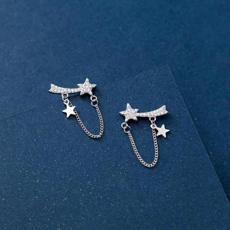 TrustDavis Real 925 Sterling Silver Earring Chain Star Shiny CZ Stud Earring For Women Wedding Mother's Day Fine Jewelry DA3112 image 5