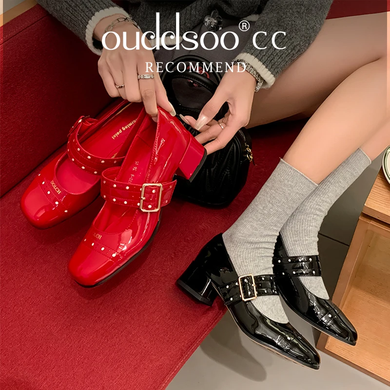 

Ods Women Genuine Leather Mary Janes Pumps Square Toe Thick Mid Heels Buckle Glove Shoes Ladies Fashion Shoes Spring Autumn Red