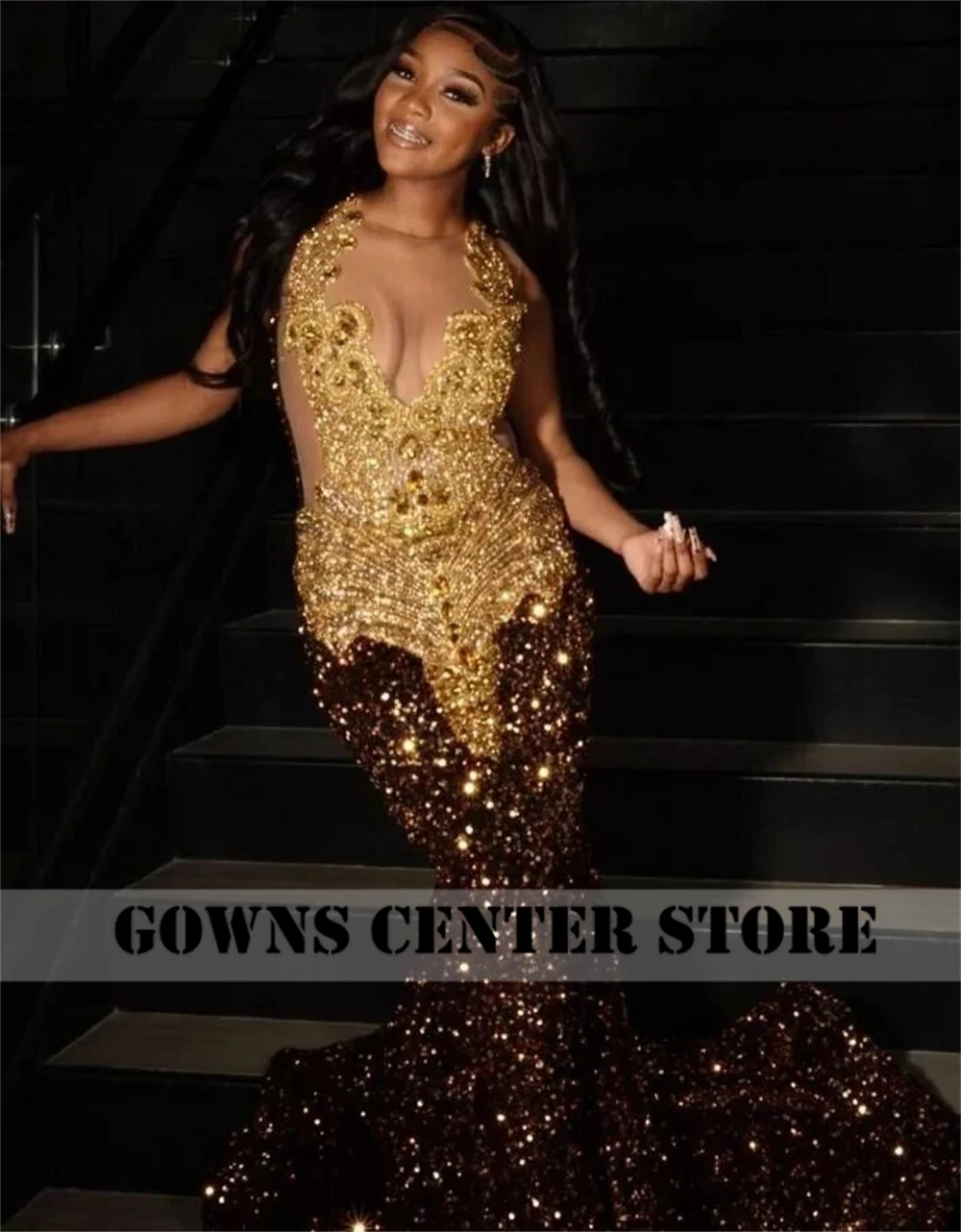 Chocolate Brown Sequin Gold Crystal Beading Prom Dresses Mermaid Elegant Dress For Wedding Party Sexy Gowns African Customized