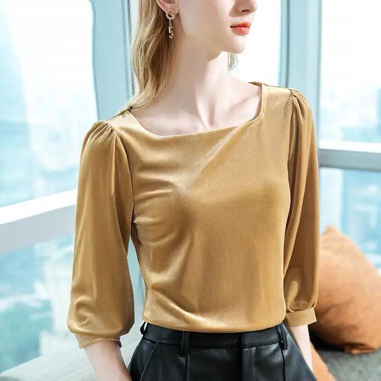 Korean golden velvet Blouse Women Corduroy Velvet Tops Retro Square Collar Shirt Bubble Sleeve Blusas Ropa De Mujer 10 colors