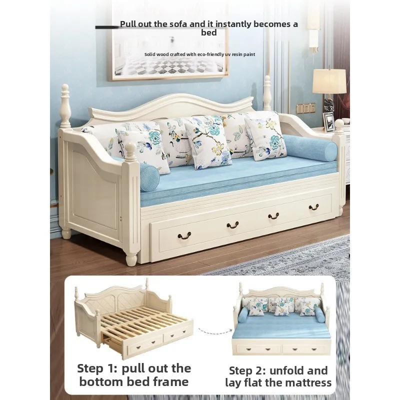 American solid wood sofa bed, dual-purpose small apartment living room telescopic bed, foldable double and sleeping bed