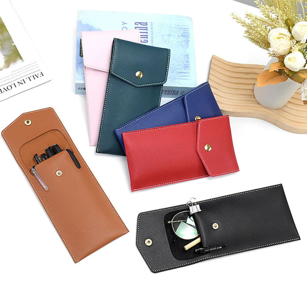 Simple PU Leather Glasses Bag Portable Hasp Glasses Protective Case Cover Pencil Storage Bag Students Large Capacity Pen Holder