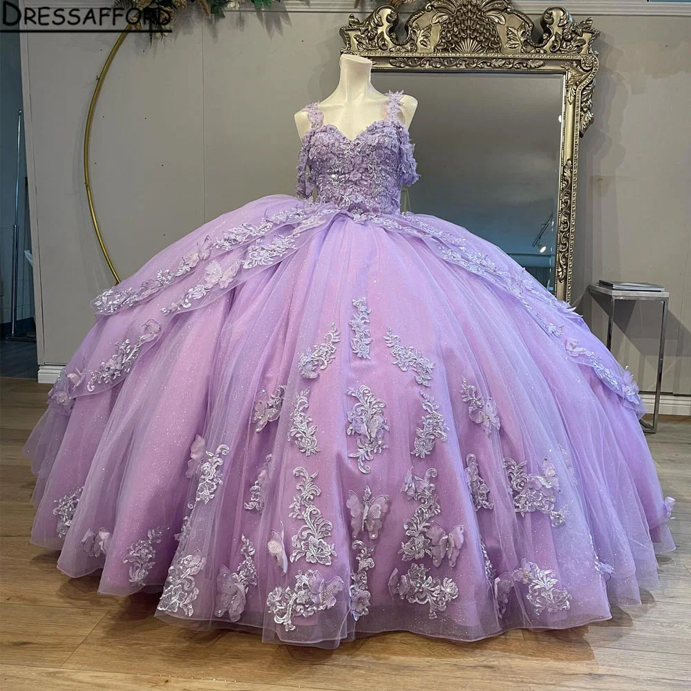 

Lilac Ball Gown Quinceanera Dress Spaghetti Sequined Appliques Lace Vestidos De 15 Años