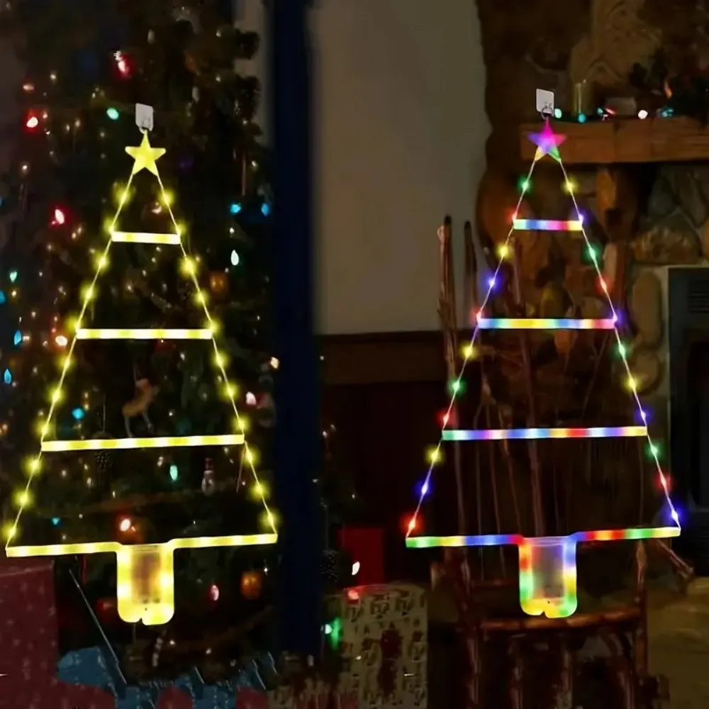 Mini Christmas Tree LED Ladder Lights, Battery Powered String Fairy Light, Indoor Window Balcony Xmas Party Home Decoration Gift