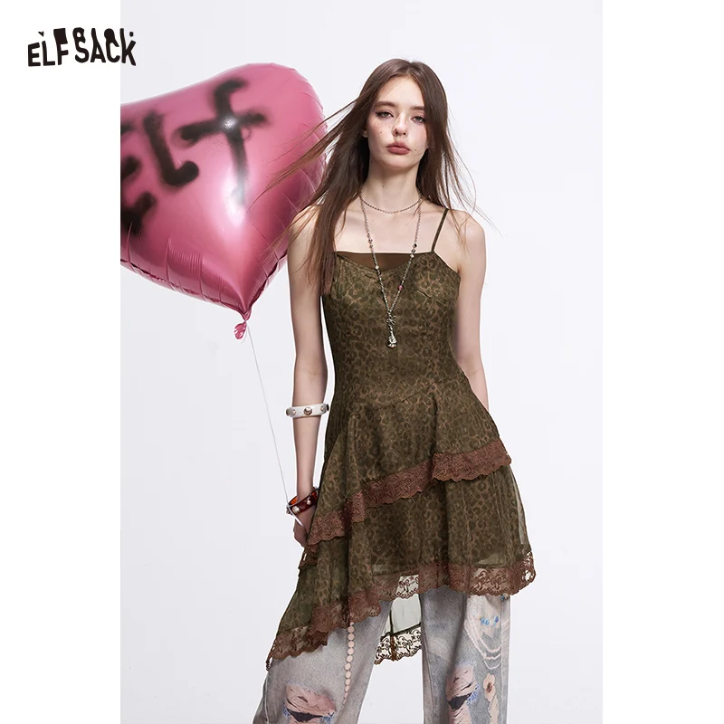 

ELFSACK Y2K Leopard Cami Dress with Layered Lace Trim, Sexy Grunge Mini Dress for Women, Retro Aesthetic Punk Party Robe