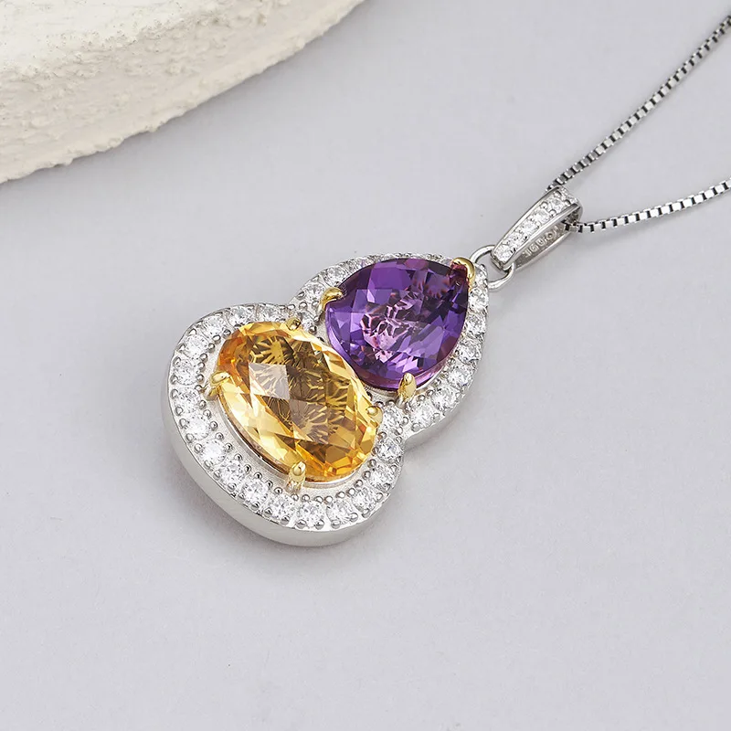S925 Sterling Silver Pendant for Women Men Hollow Gourd Inlaid Amethyst Citrine Micro Zircon Charm Fashion Jewelry Wholesale