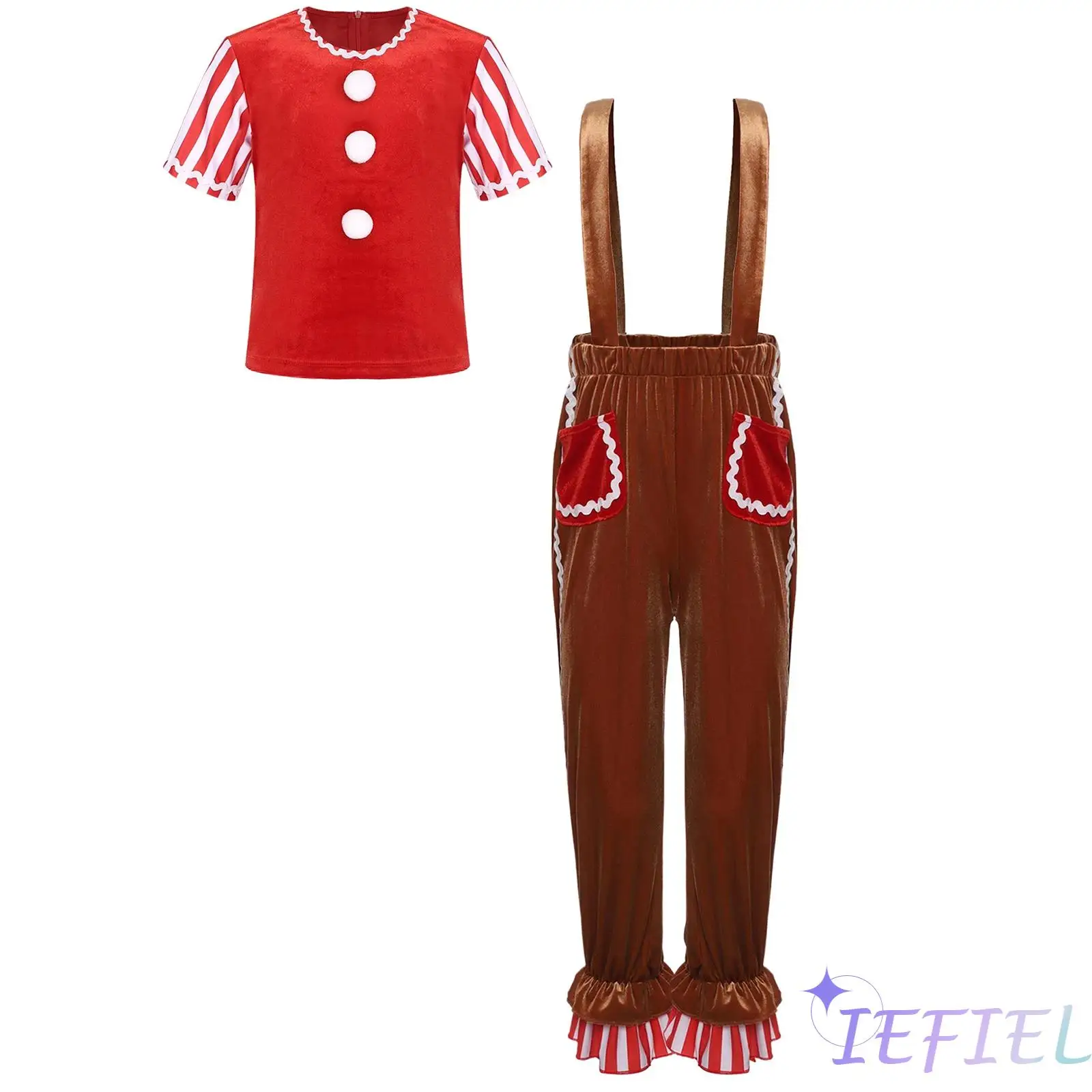 

Girl Christmas Gingerbread Man Costume Stripes Pompoms Gingerbread Elves T-shirt with Suspender Pants Halloween Dress Up Costume