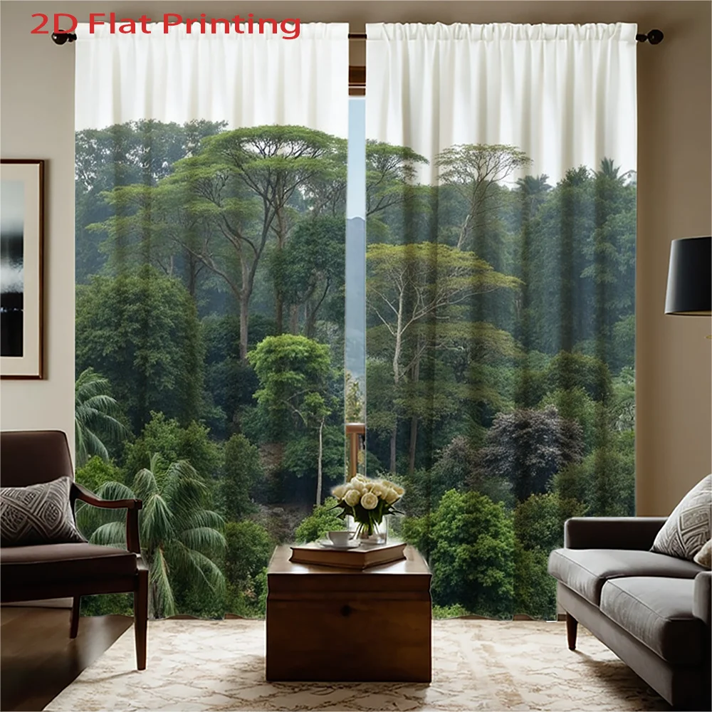 2D Flat, 2pcs Tropical Rainforest Jungle Window Curtains - Heavyweight Textured Fabric, Semi-Sheer Privacy Drapes wit