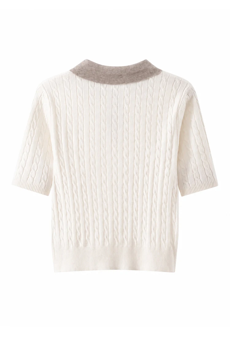 MZ62085 Damen-Pullover im Preppy-Stil mit Polokragen, Zopfmuster, kurzen Ärmeln, Kontrastkragen, Knopfdetails, Modal-Mischung, Oberteil für den frühen Herbst – Detail 16