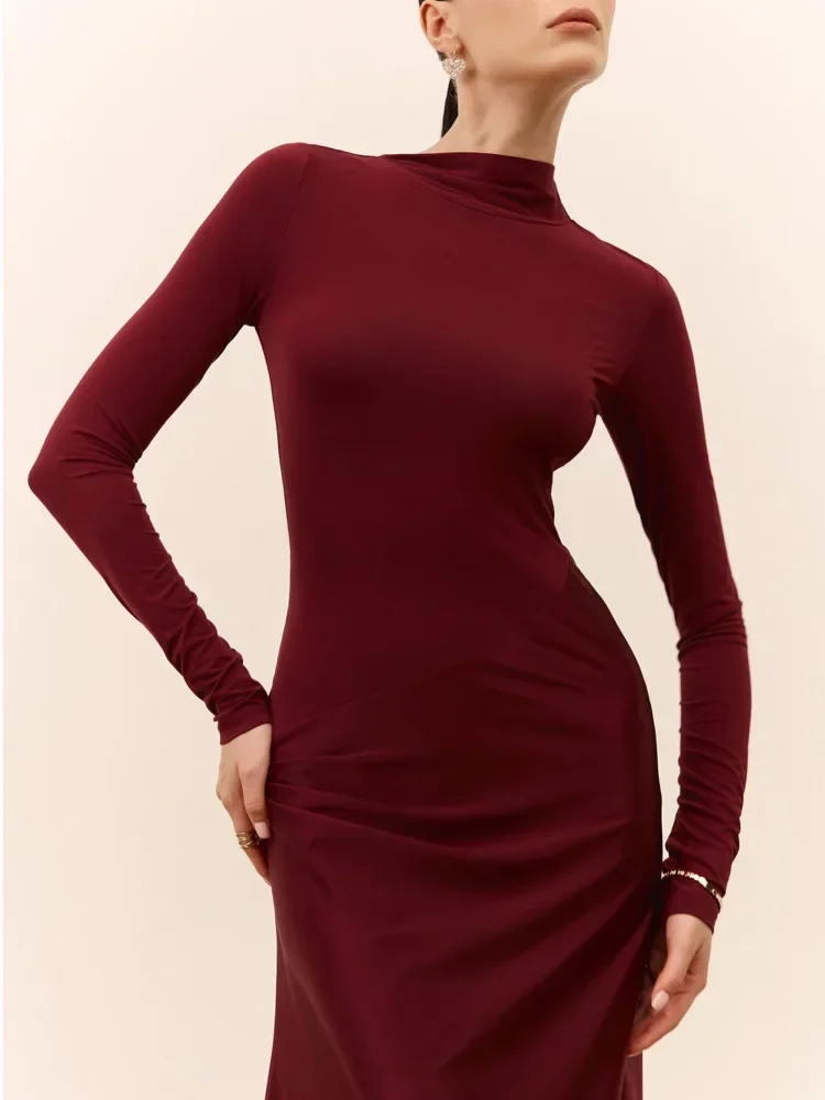 Chaxiaoa Elegant Satin Patchwork Long Sleeve Dress Women Fashion Bodycon Round Neck Party Club Evening Dress Winter New Vestidos