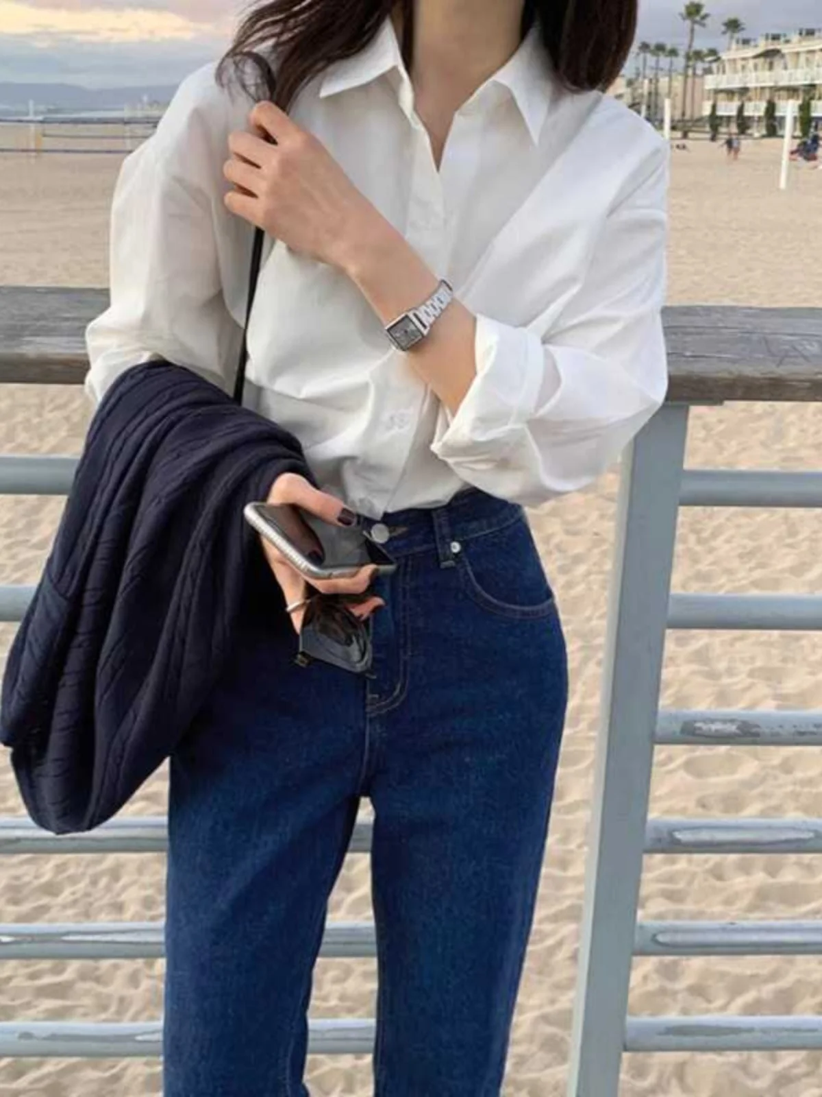 

Белая женская рубашка: новая весенне-осенняя модель в стиле Hong Kong, свободный крой, для работы и повседневной носки, с длинным рукавом