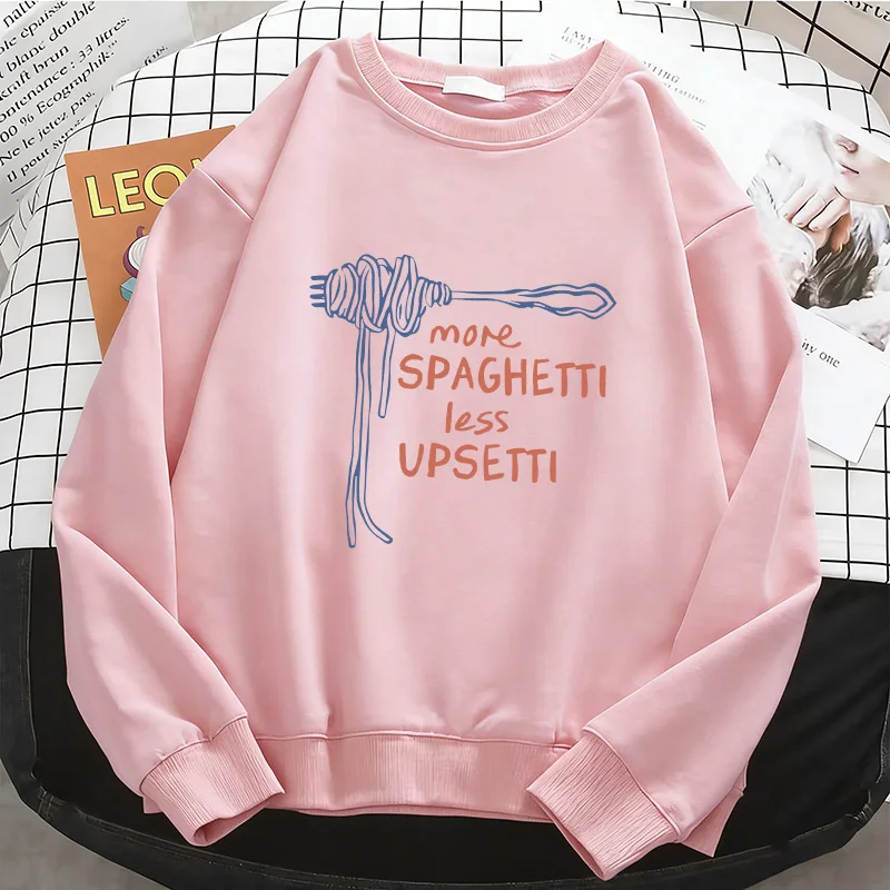 

Забавная толстовка с надписью «More Spaghetti Less Upsetti» для женщин, теплая флисовая толстовка, мягкий пуловер с круглым вырезом, повседневная женская одежда