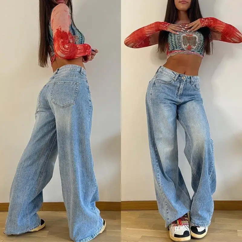 

2025 New Retro American Long Wide-leg Pants Spice Girl Loose Jeans Women's High-waisted Straight-leg Pants Europe and America