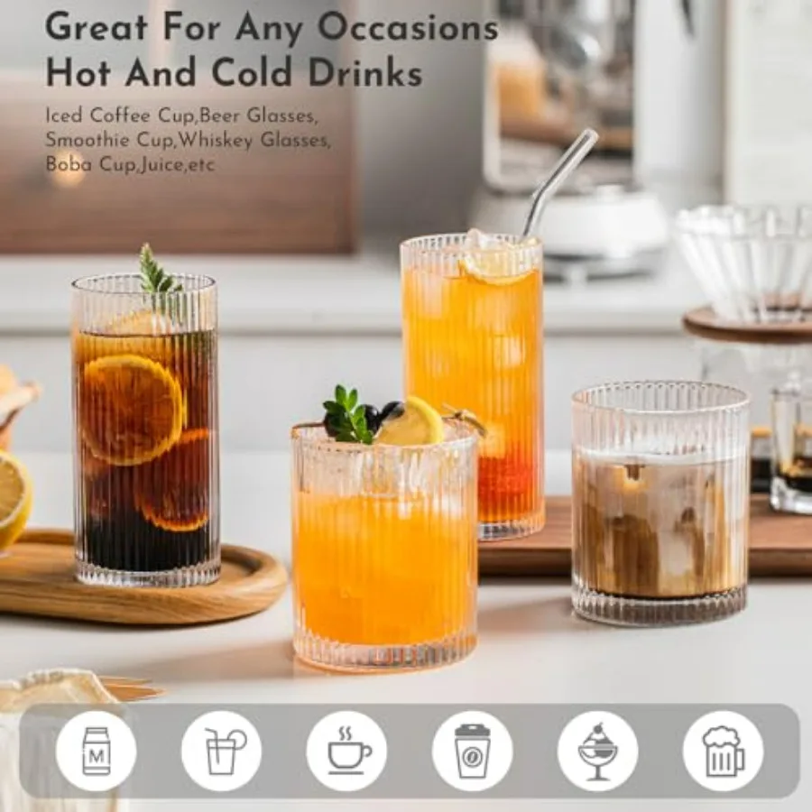 أواني زجاجية مضلعة مكونة من 12 قطعة - 6 أكواب عالية الكرة 12 أونصة، 6 أكواب زجاجية صخور 14 أونصة، أكواب شرب كوكتيل عتيقة، مثالية للفوز #4