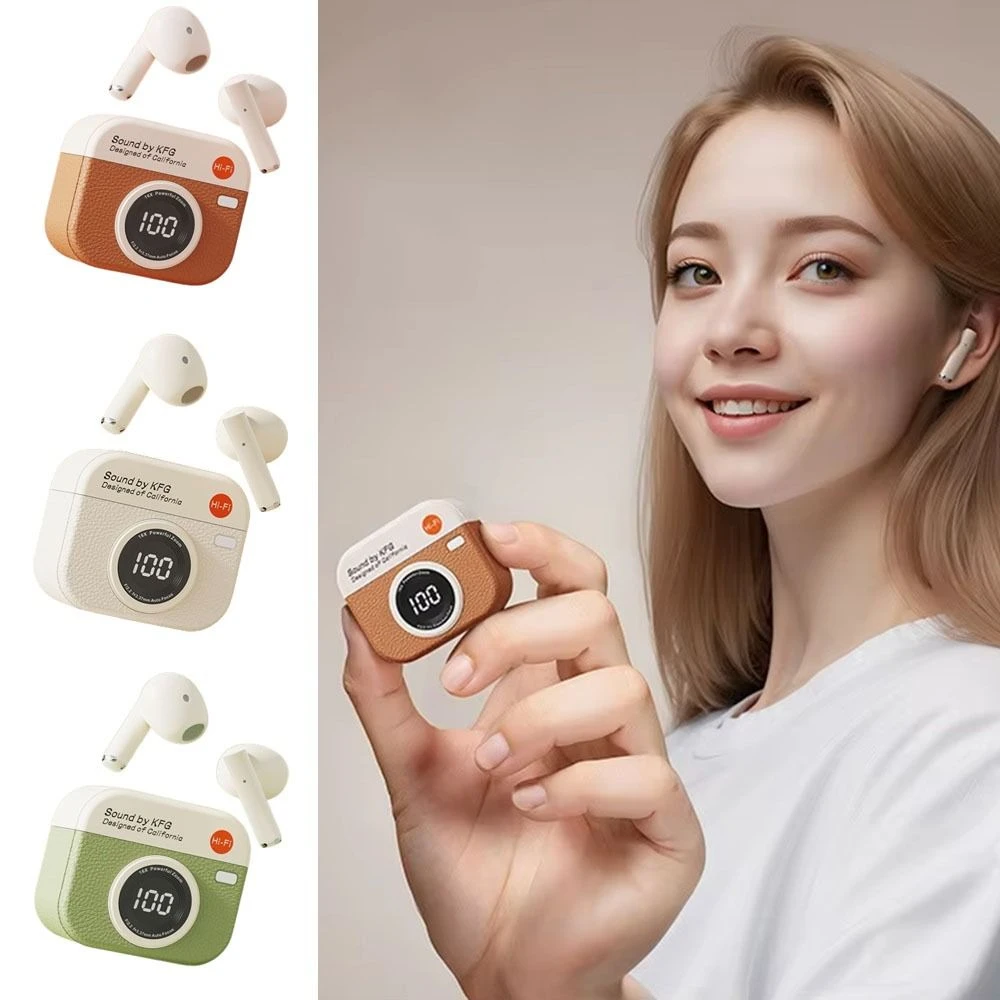 

Retro Camera Wireless Headphones In-Ear LED Screen Sports Headset Long Battery Life Noise Cancelling Bluetooth Earphones