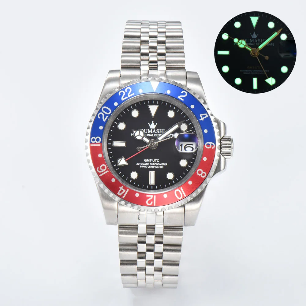 40 มม.หรูหราผู้ชายธุรกิจนาฬิกา GMT นาฬิกา NH34 คอกซ์ BEZEL และของแท้ญี่ปุ่น NH34 การเคลื่อนไหวอัตโนมัติที่กำหนดเองโลโก้