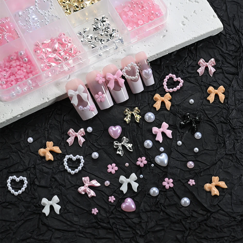 350-400Pcs Mixed Ribbion Bowknot Nail Charms 10x11mm Metal Alloy Bow+Resin Bow Nail Art With Pearl&Acrylic Flower Nail Parts&*&