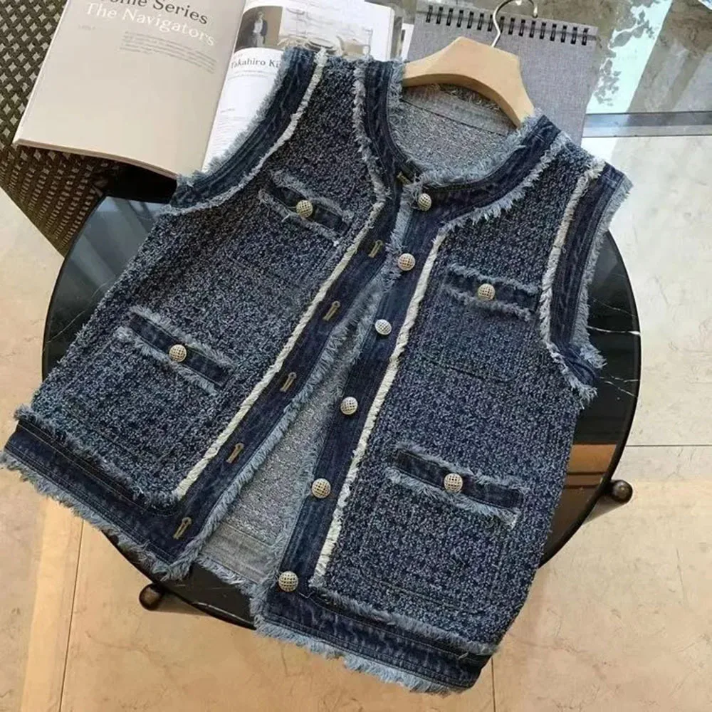 2025 NEW Spring Autumn Flow Sleeveless Tank Top Coat Women Single Breasted Plaid Denim Vest Jacket Female Tassel Elegant Lady