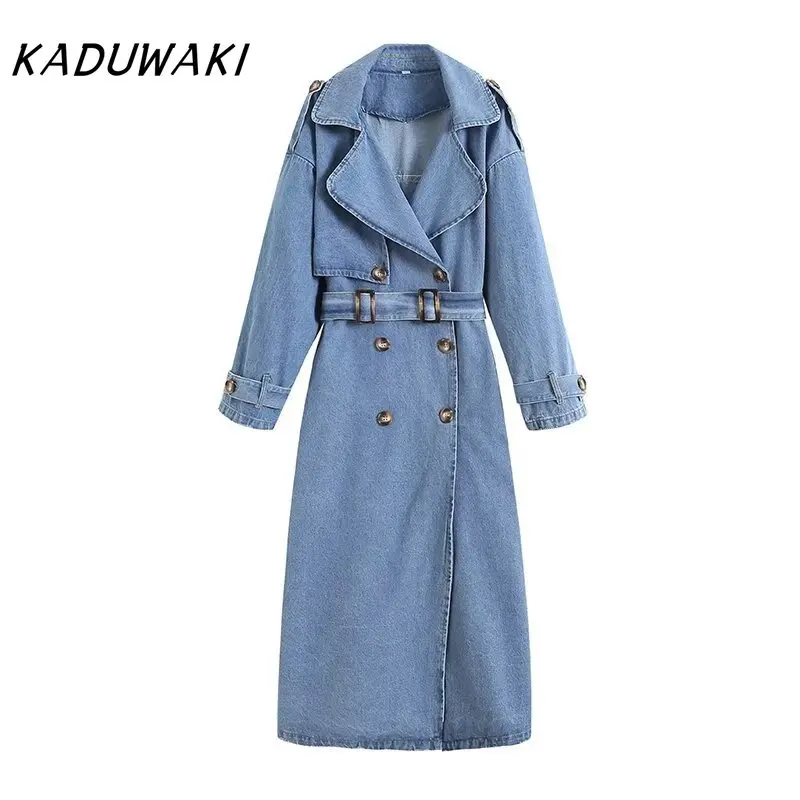 

KADUWAKI Casual Lady Long Sleeves Jacket Fashion with Belt Denim Jacket Coat Vintage Button-up Female Outerwear Chic Denim Coat