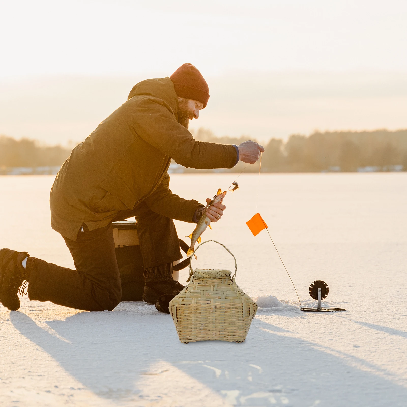 

1pc Stylish Bamboo Hand Woven Basket Storage Decorative Fish Harvesting Outdoor Picnic Kitchen Party Household