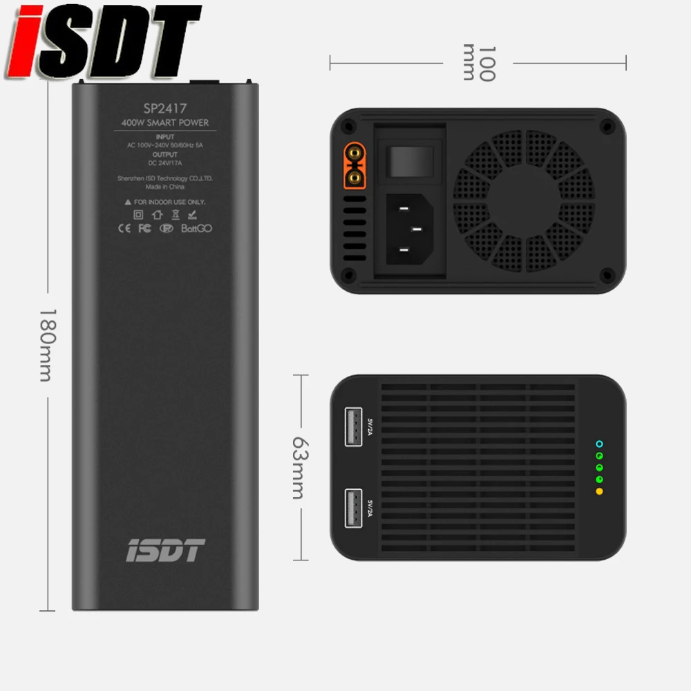 ISDT SP2417 400W/SP2425 600W/SP2433 800W caricabatteria RC ad alta potenza/interruttore controllo intelligente con ricarica USB a LED per modelli RC