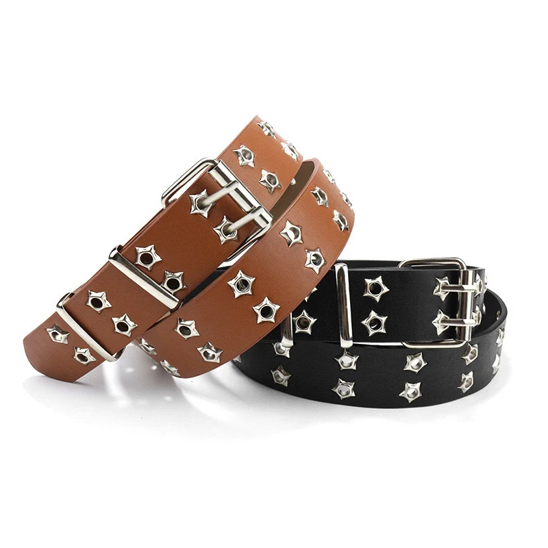 

105CM Unisex Punk-Style Adjustable PU Leather Belt With Hollow Star Double-Breasted Metal Buckle Jeans Waistband