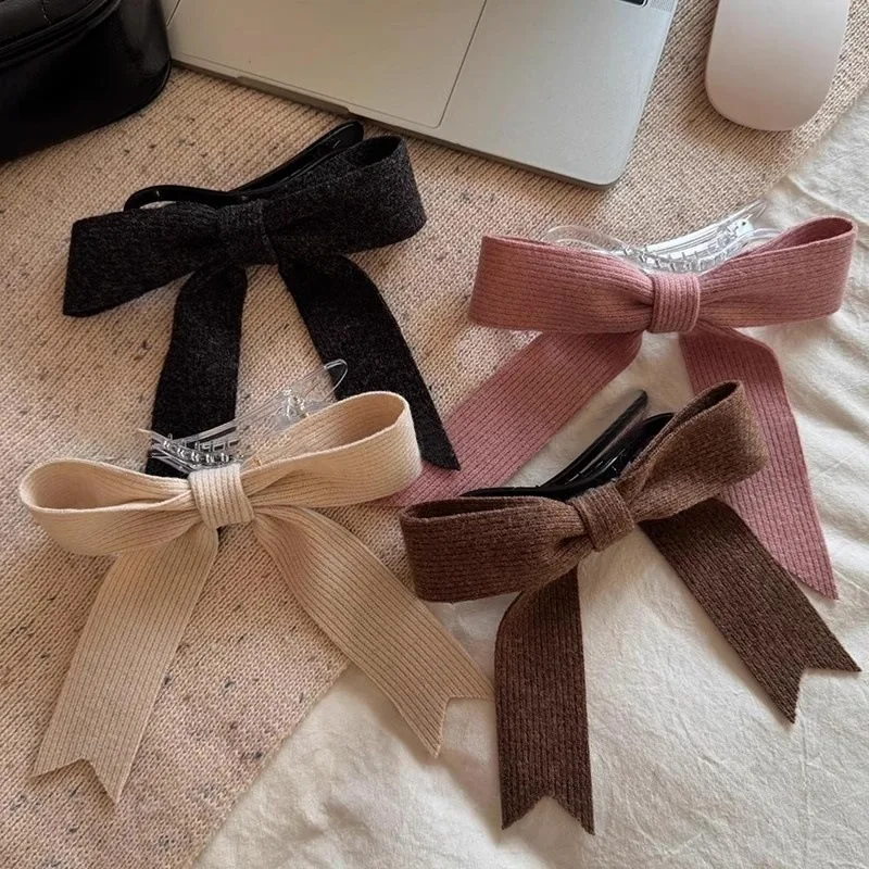 

Korean Solid Color Large Pink Bow Hairpins for Women Girl Vintage Knitted Bowknot Ribbon Duckbill Clamp Clip Hair Accessories