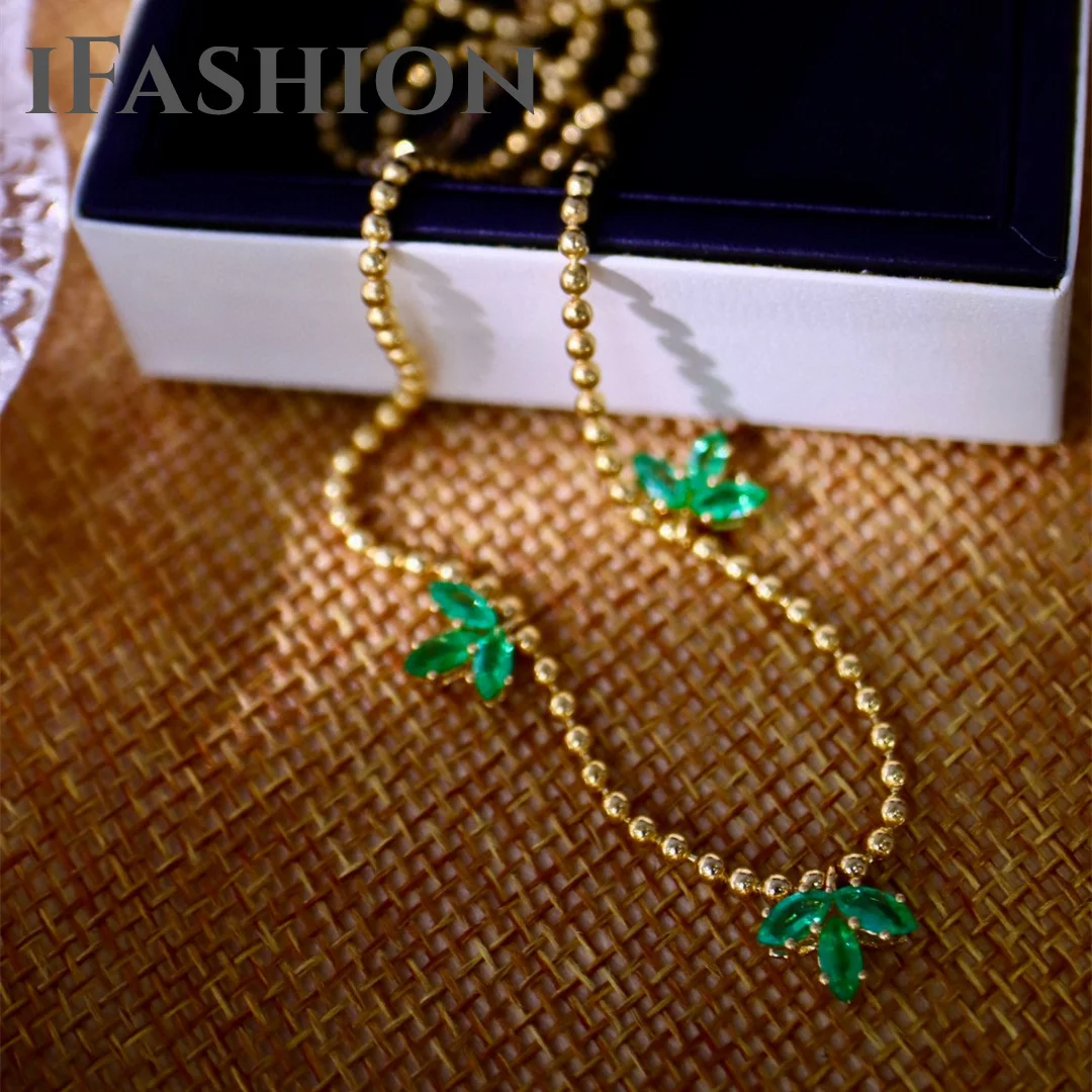 

IFASHION Real 18K Yellow Gold Pendant Emerald Clover Golden Bead Necklace Fine Jewelry Gold Au750 Gift Wedding