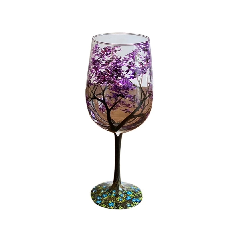 Four Seasons Tree Wine Glass Hand Painted Goblets Wine Glass Unique High Legged Glass Cup Glassware for Family Friend