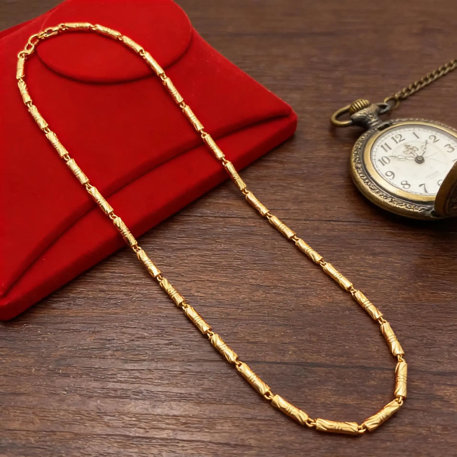 24K gold cylindrical double bamboo real gold couple necklace, 9999 solid color bamboo knot gold jewelry necklace gift