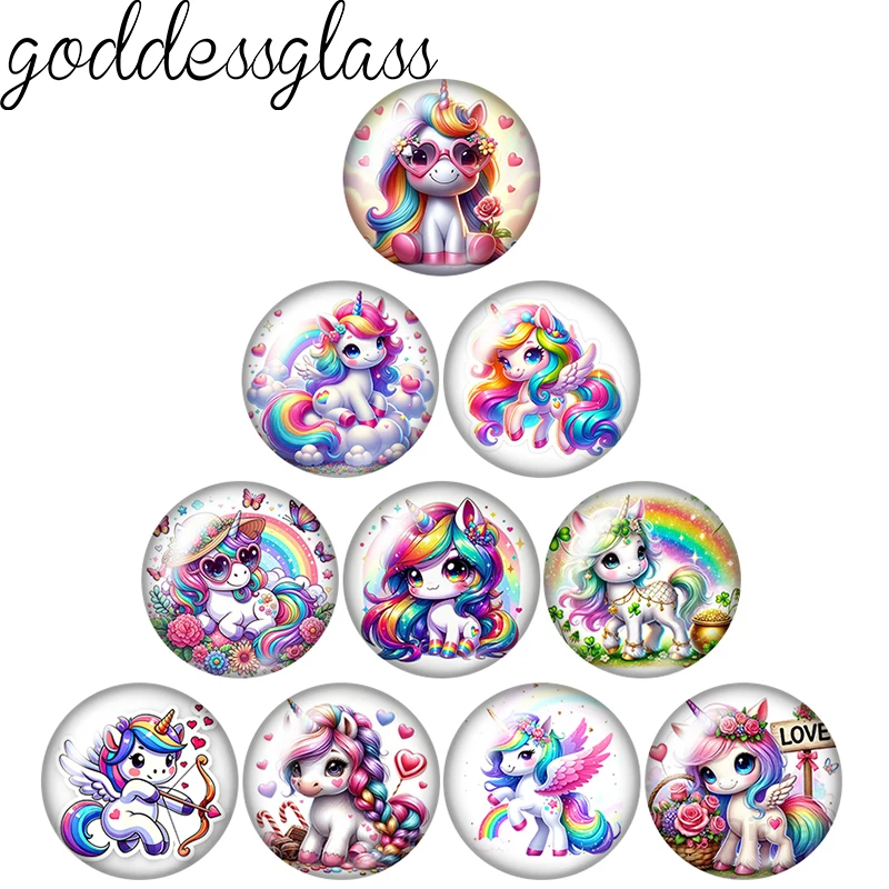 Colorful Rainbow Hair Unicorn Cartoon Wings 12mm/18mm/20mm/25mm Round Photo Glass Cabochon Flat Back Making Findings Jewelry