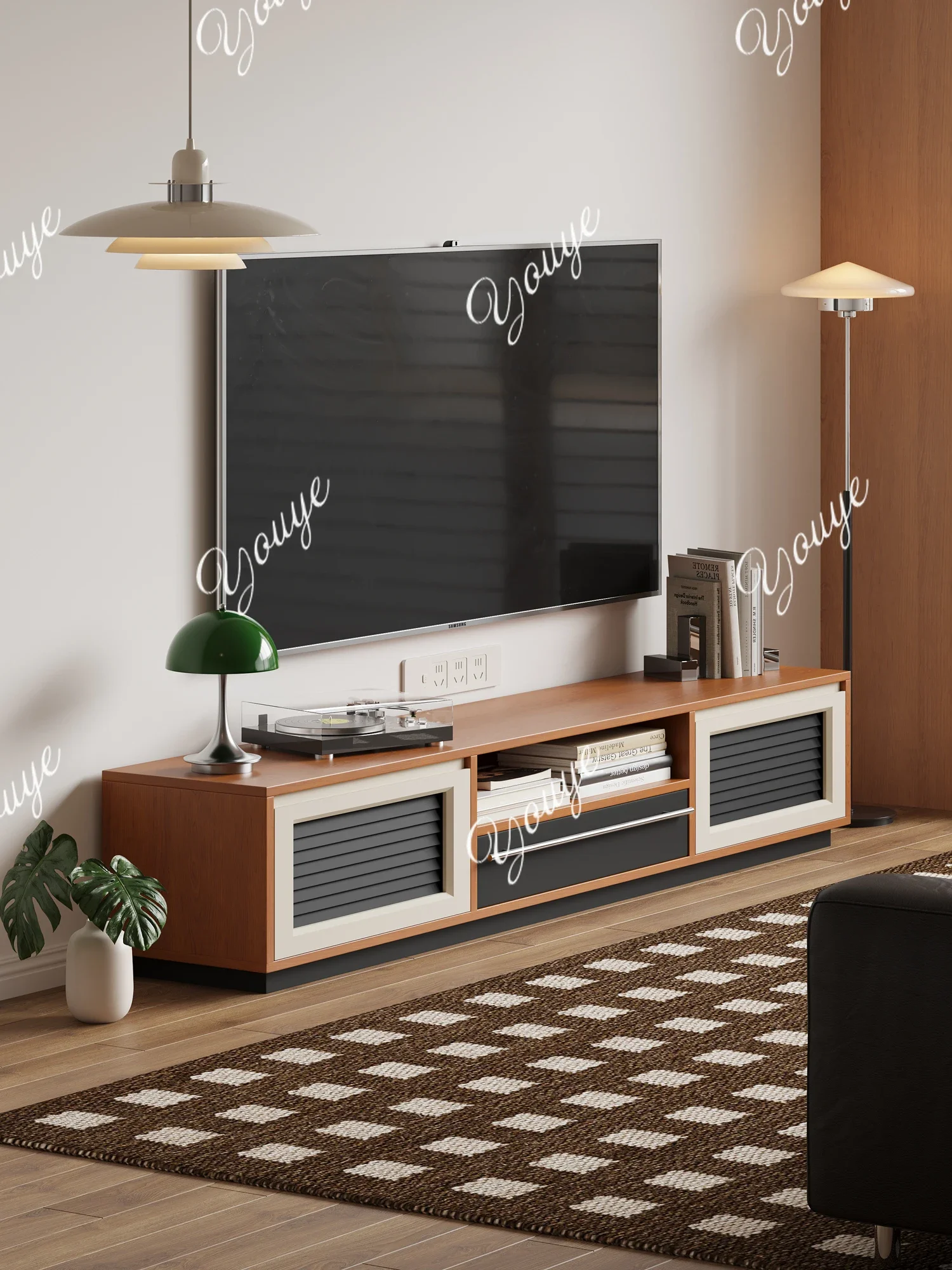 N63 Modern warm brown color matching louver TV cabinet universal living room wall advanced storage side cabinet
