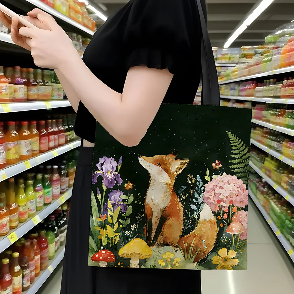 1 Pcs Fox & Moon Floral Tote Bag, Reusable Shopping Bag with Forest Animal Print, Spacious Shoulder Bag for Daily Use