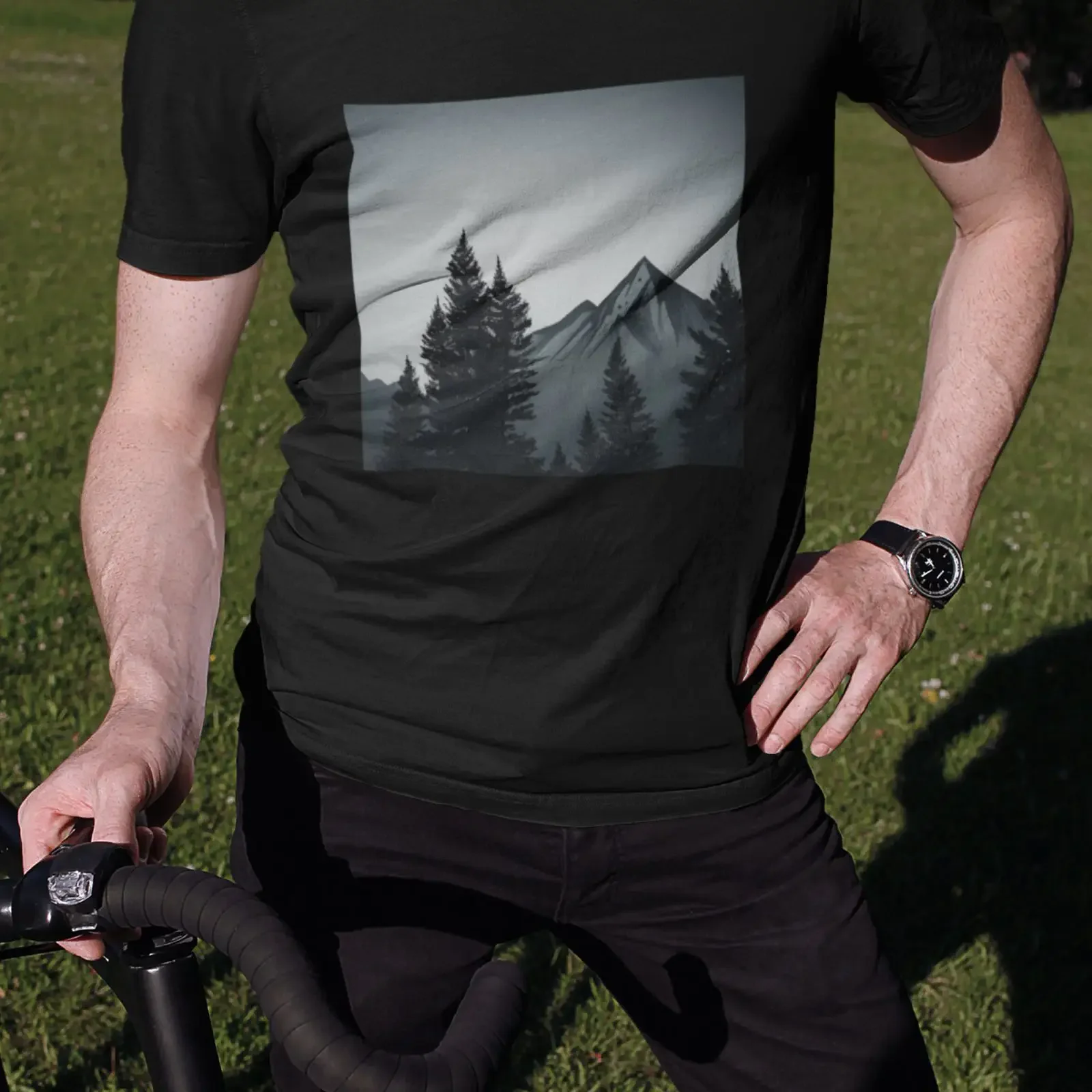 Mountain Range T Shirt Black Cotton for Nature Lovers vintage Washed homme Breathable Slightly Comfortable Versatile graphic