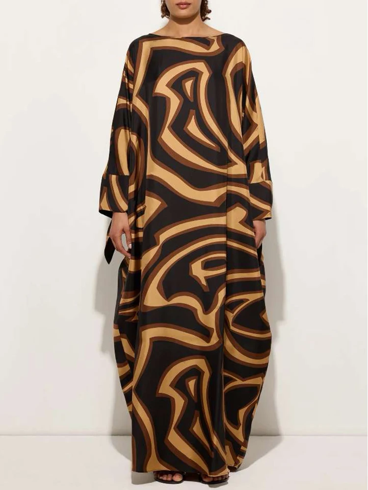 

Spring Summer Fashion Daily Vintage Casual Geometric Print Silk Floor-Length Dress Women's O-Neck Long Sleeve Loose Dresses
