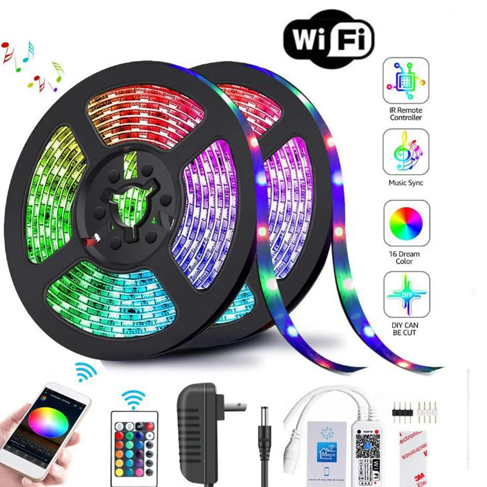 Smart LED Strip Lights WiFi RGB LED Light Stripe 12V 5050/3528 SMD Alexa Google Voice Remote Control Color Changing 5/10/20m