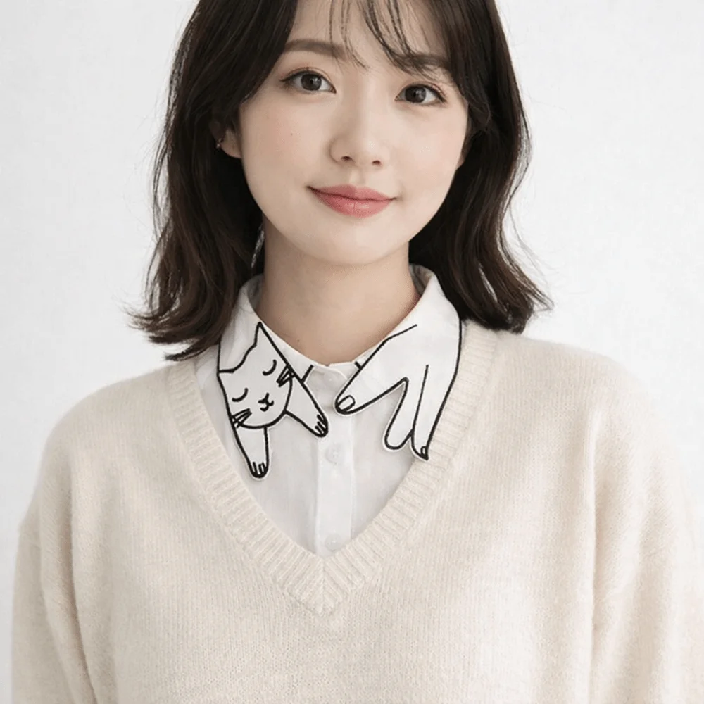 

Elegant Cartoon Cat Fake Collar Slim Short Sleeve Base Layer Top Cotton White Detachable False Collar Weater Decorative