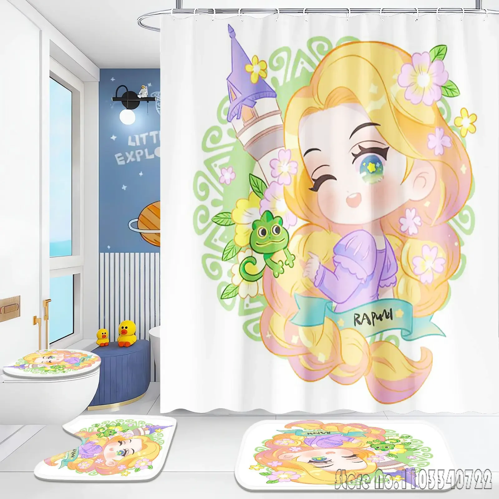 Snow White, Ariel, Princess Shower Curtain Bathroom Accessories 4 Piece Set Mats And 100% Polyester Decor Cute Funny home