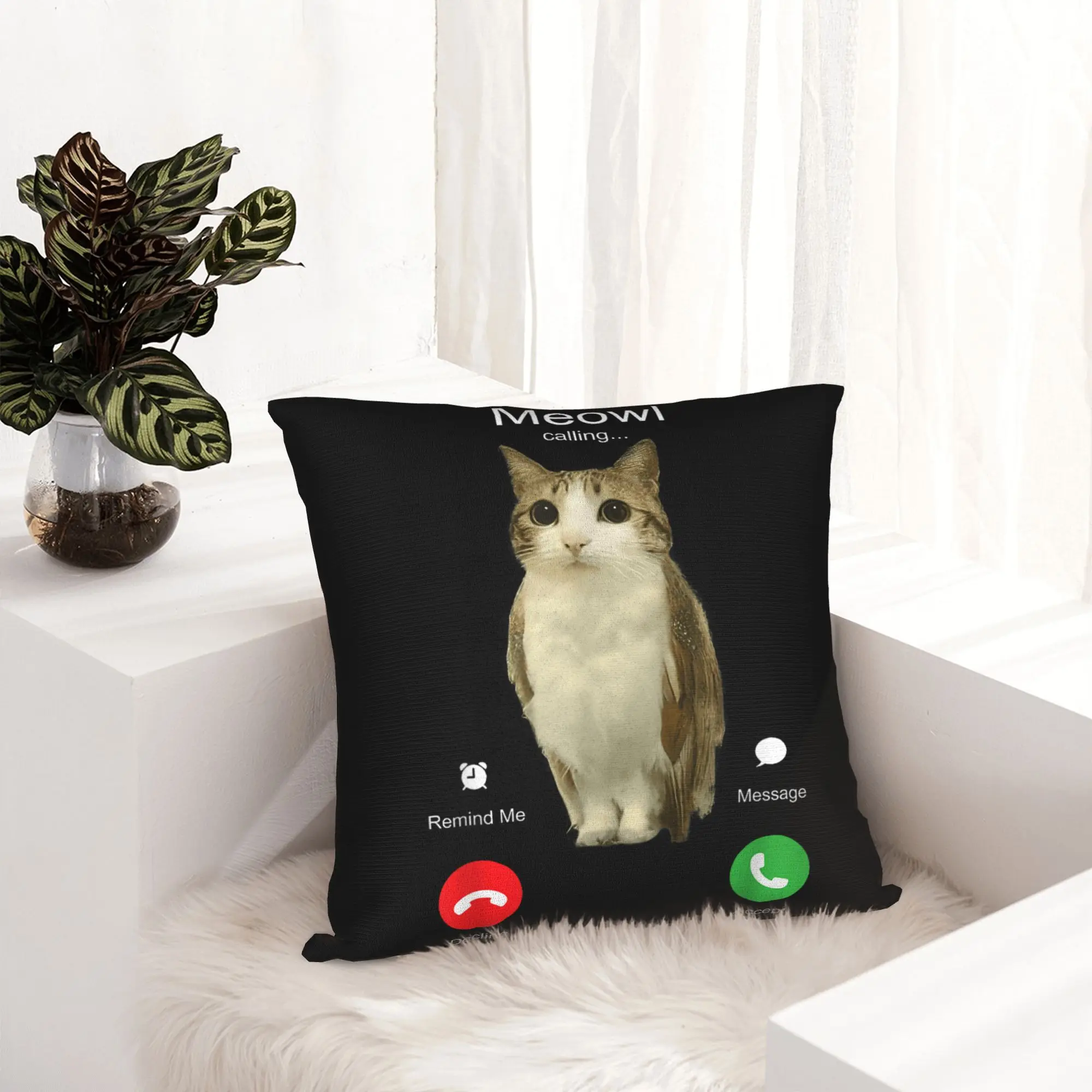 Is Calling Phone Call Meme Meowl Cat Owl Meme Pillowcase Double-sided Printing Cushion Cover Throw Pillow Case Cover Sofa Zipper