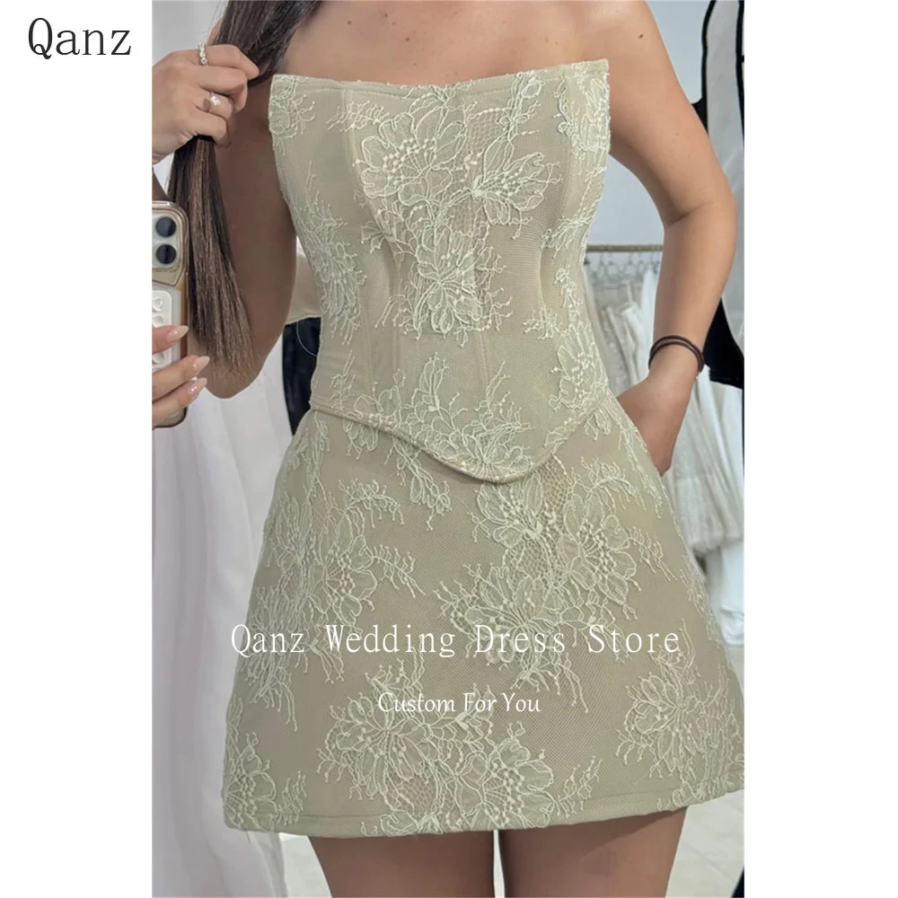 

Qanz Sage Green Lace Prom Dress Mini Corset And Skirt Short Birthday Dress Sleeveless Sexy Vestidos De Fiesta Customized