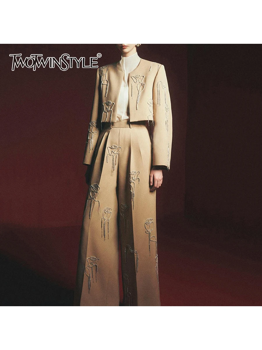 TWOTWINSTYLE Solid Spliced Embroidery Two Piece Sets for Women Round Neck Long Sleeves Top High Waist Wide Leg Pant Set Female