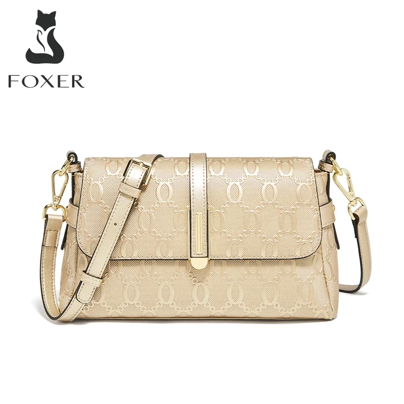 FOXER 2024 New Women Simple Crossbody Bag Lady Stylish Armpit Shoulder Bag Split Leather Two Strap Gold Messenger Bag For Girl's