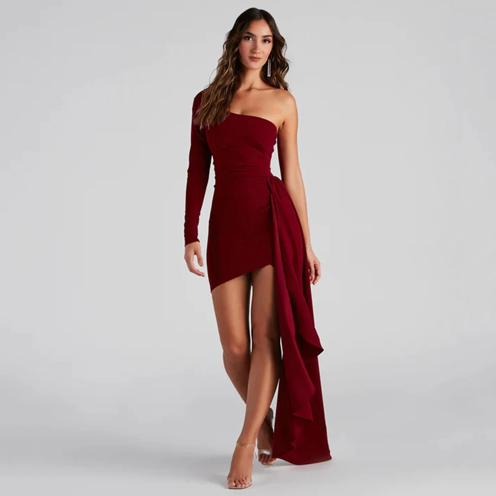 Customized  Simple One-Shoulder Mini Cocktail Dresses Long Sleeve Short Straight Burgundy Prom Party Gown robe de soiré