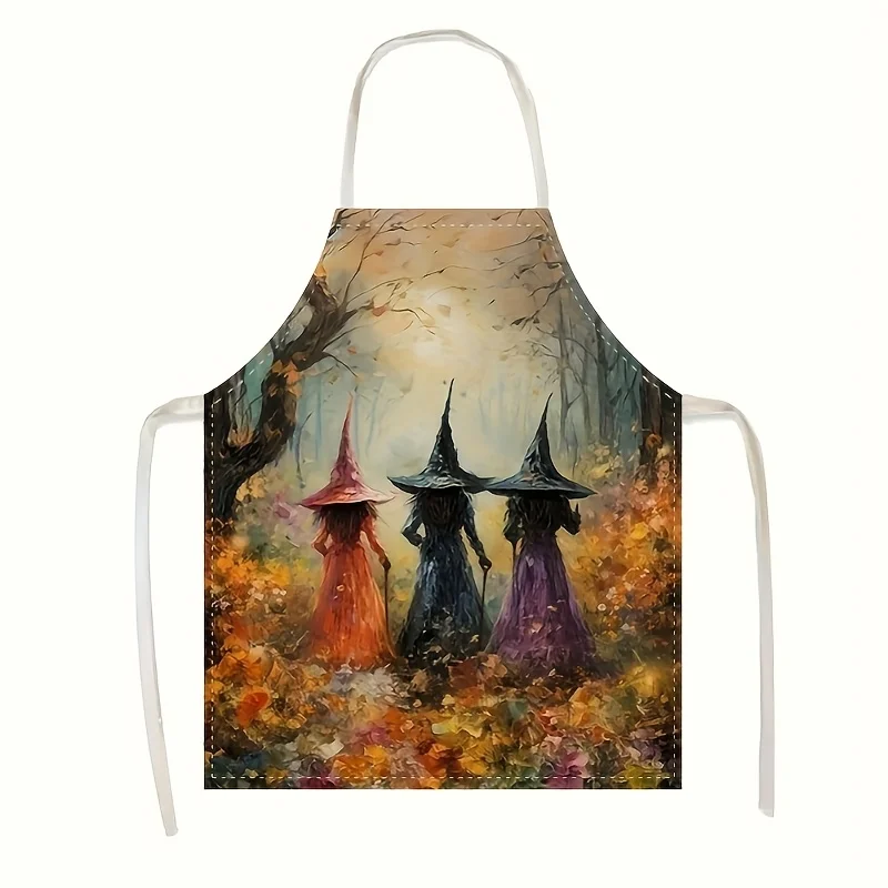 Witch Halloween Apron Women Spooky Kitchen Cooking Baking Party Linen Cotton Pinafore With Pockets Magic Forest Print For Girls